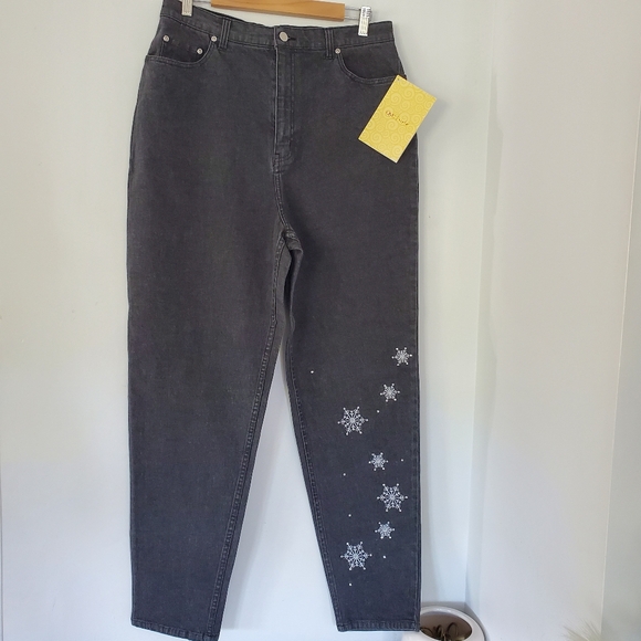 QUACKER FACTORY 16 Black Denim Jeans Snowflake Embroidery Gems Med Wash Straight - Picture 1 of 14
